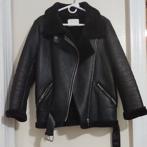 Zara Black Double Face Jacket with Shearling Trim